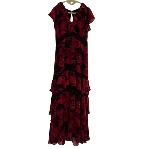 Eva Mendes Size S Black w/Red Roses Floral Maxi Dress Lace Waist Front Slit  SHO - Picture 7 of 15